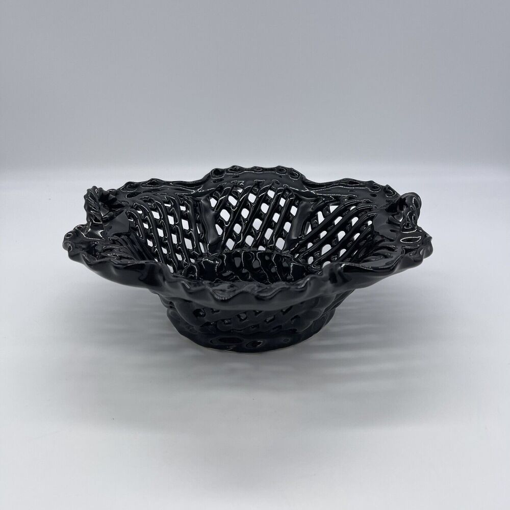 RARE Mikasa Black Porcelain Bowl Basket Cut Out Design 8.25” Portugal